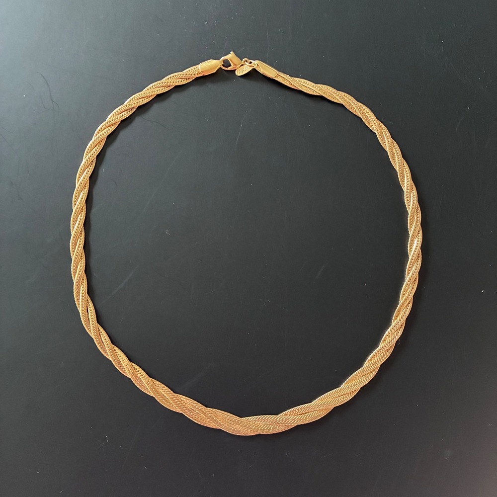 Napier Vintage Gold Tone Braided Triple Herringbone Chain Necklace 16" Excellent